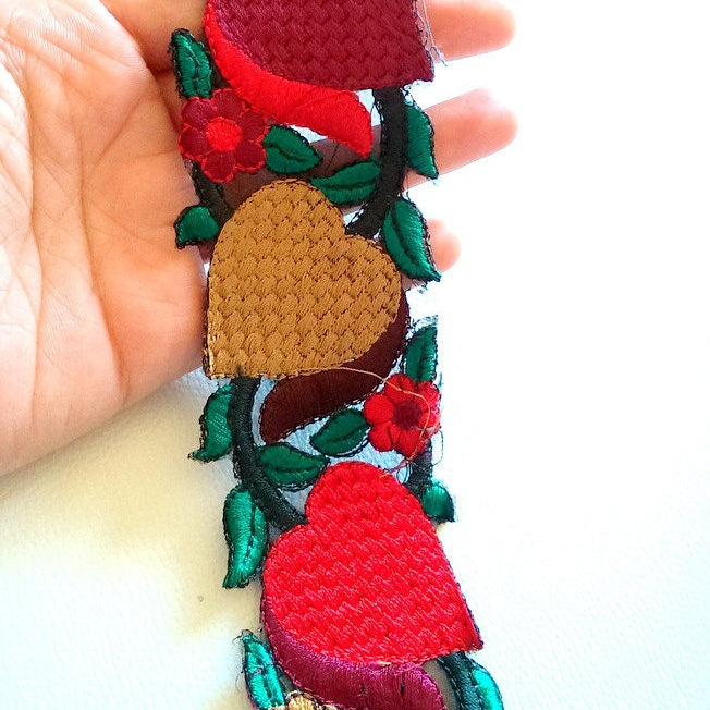 Red, Brown, Maroon Hearts With Green Leaves And Flowers On Black Sheer Fabric Trim