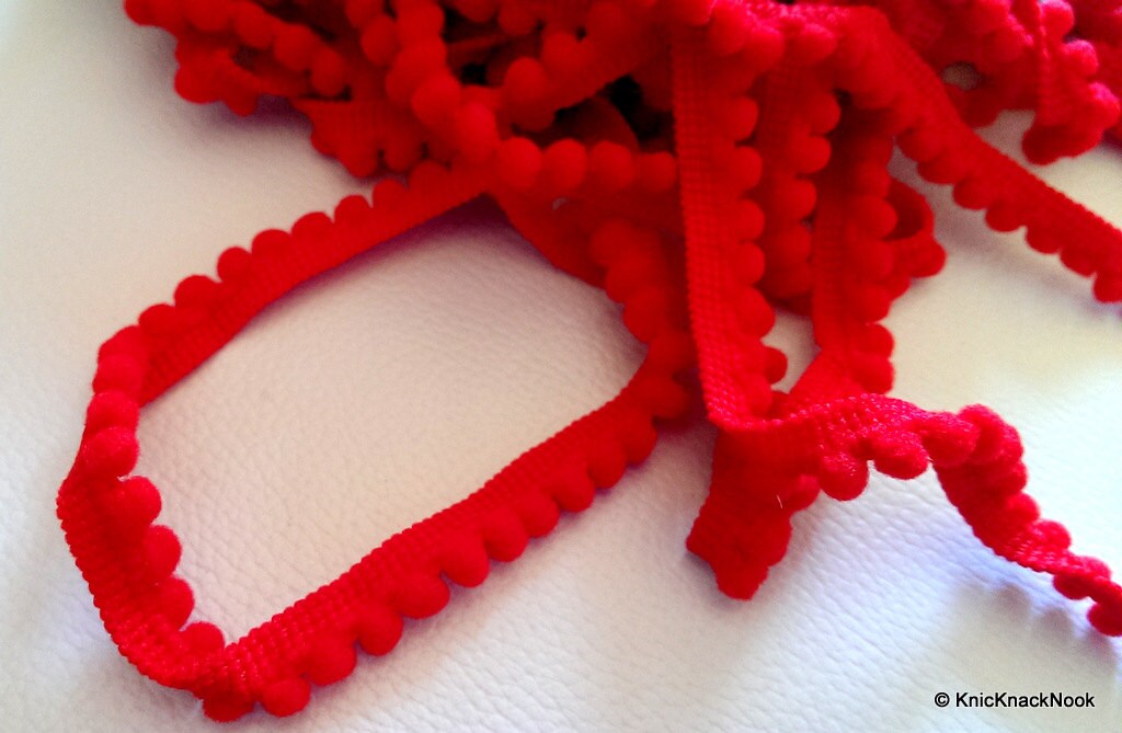 Red Embroidery Crochet (Wool) One Yard Lace Trims 10mm Wide, Decorative Pompom Fringe Trim