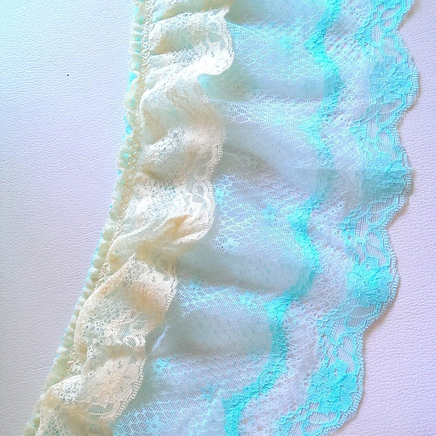 Blue And Beige Floral Net Lace Trim Ribbon 16cm wide