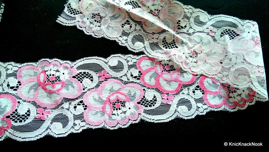 White And Pink Rose Floral Net Lace Trim Ribbon 85mm wide