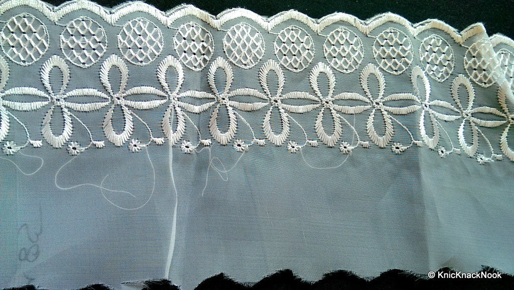 Sheer White Embroidery Lace Trim With Flowers 13.5 cm wide