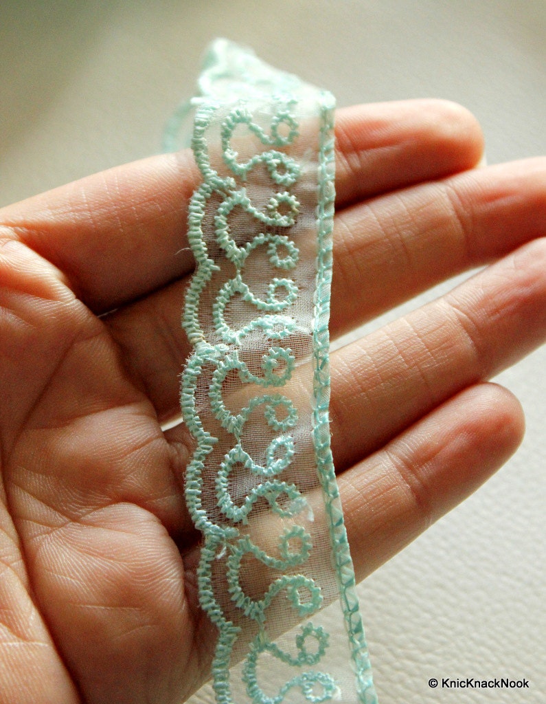 Blue Organza Net Embroidery Lace Trim Ribbon 26mm wide