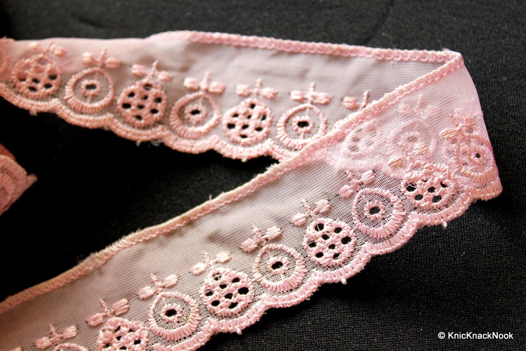 Pink Organza Net Embroidery Lace Trim Ribbon 32mm wide