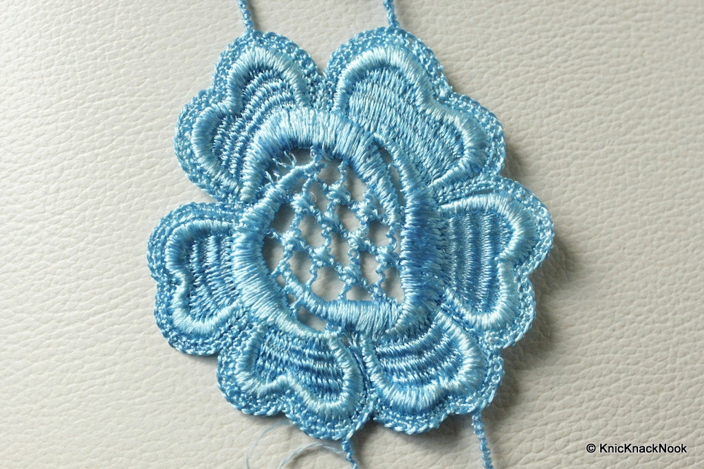 Blue Embroidered Flower Lace Trim Ribbon Approx 70mm wide
