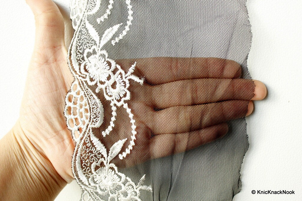 Black Soft Net Lace Trim with White Embroidered Flowers 5 1/2 inches wide