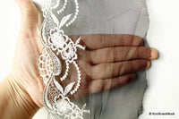 Thumbnail for Black Soft Net Lace Trim with White Embroidered Flowers 5 1/2 inches wide