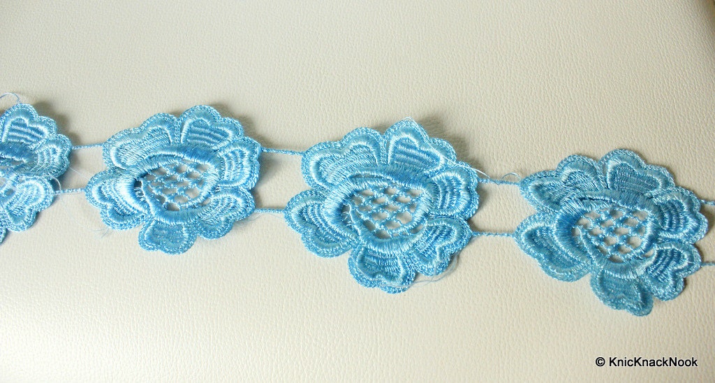 Blue Embroidered Flower Lace Trim Ribbon Approx 70mm wide