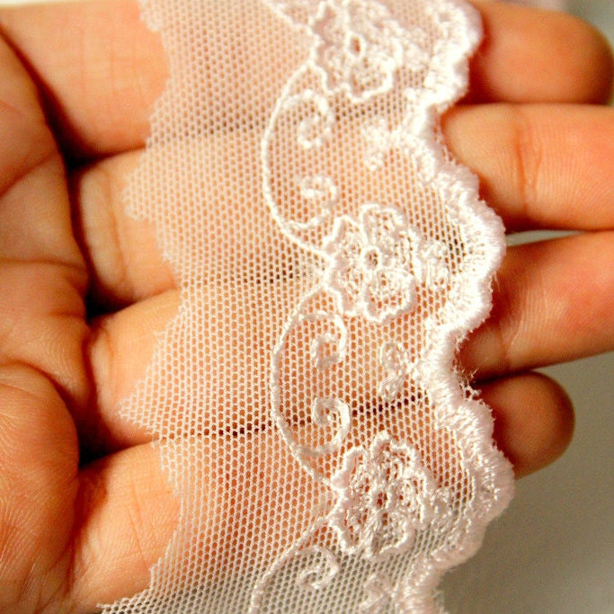 Pink Embroidered Soft Net Lace Trim Ribbon 45mm wide