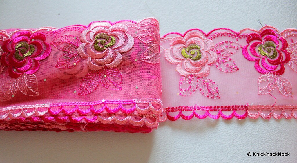 Pink Soft Net Lace Trim With Embroidered Pink And Green Flowers 10 cm wide