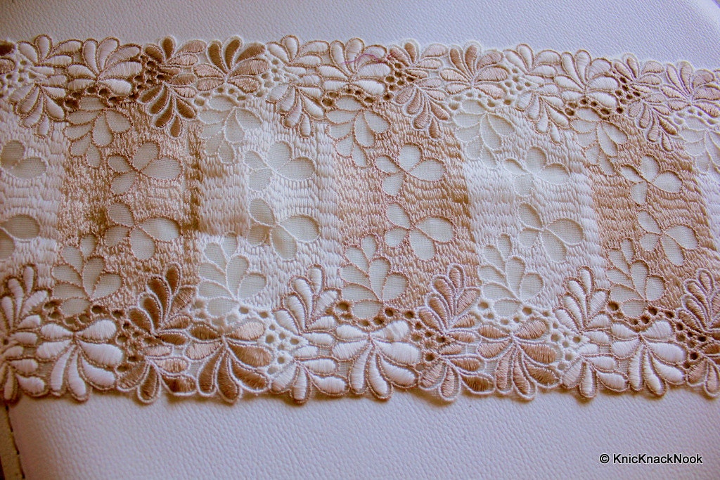 Off White And Light Brown Net Lace Trim With Embroidered Flowers 6 inches wide , Decorative Trim, Upholstery Trim