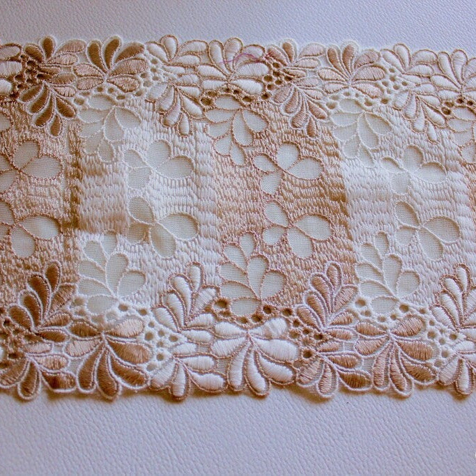 Wholesale Off White And Light Brown Net Lace Trim With Embroidered Flowers 6 inches wide, Decorative Trim, Upholstery Trim