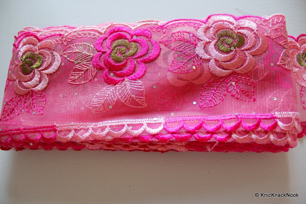Pink Soft Net Lace Trim With Embroidered Pink And Green Flowers 10 cm wide