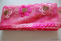 Thumbnail for Pink Soft Net Lace Trim With Embroidered Pink And Green Flowers 10 cm wide