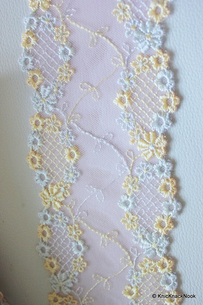 Wholesale Light Pink Soft Net Lace Trim With Embroidered Yellow And Blue Flowers 85mm wide, Floral Lace, Soft Lace Trim