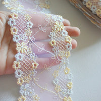Thumbnail for Light Pink Soft Net Lace Trim With Embroidered Yellow And Blue Flowers 85mm wide