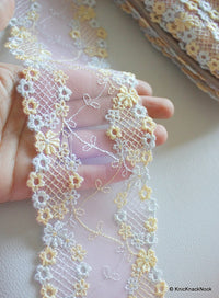 Thumbnail for Wholesale Light Pink Soft Net Lace Trim With Embroidered Yellow And Blue Flowers 85mm wide, Floral Lace, Soft Lace Trim