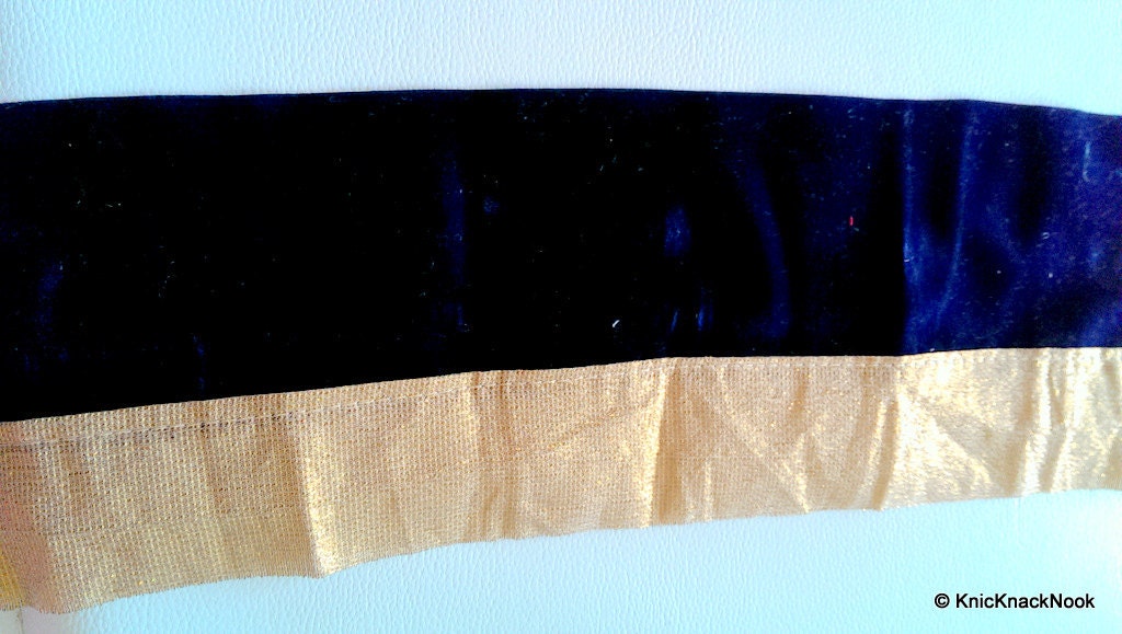 Blue Velvet Trim With Gold Shimmer Border Piping 1 Yard Approx 12 cm Wide