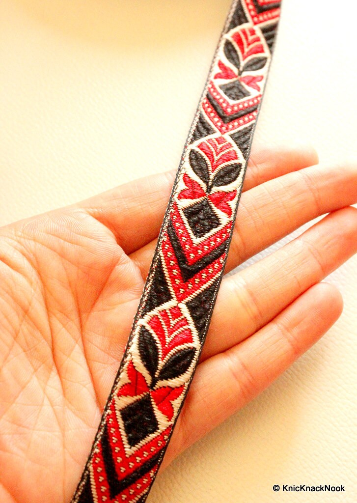Black, Red And White Cotton Thread Embroidery One Yard Lace Trim 21mm Wide - 030315L32