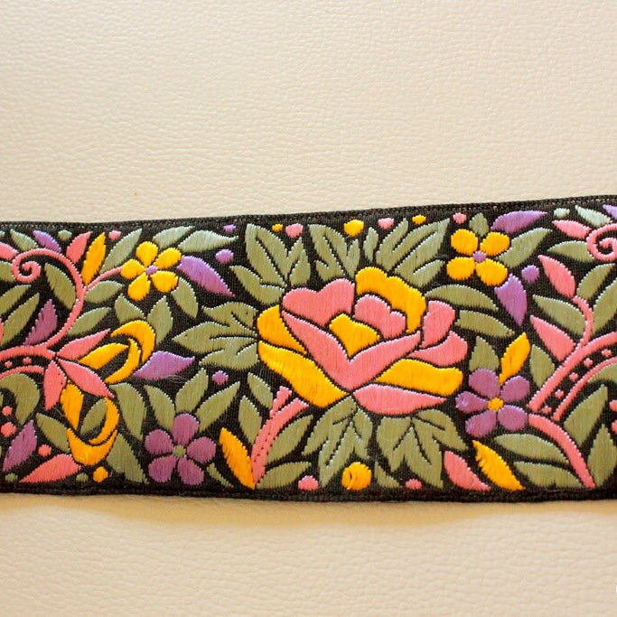 Black Fabric Lace With Floral Design, Pink, Yellow
