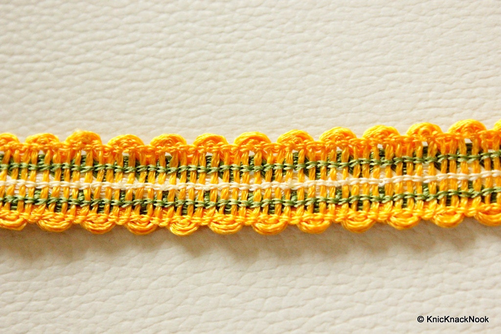 Yellow, Green And Beige Thread Lace Trim, 15mm wide