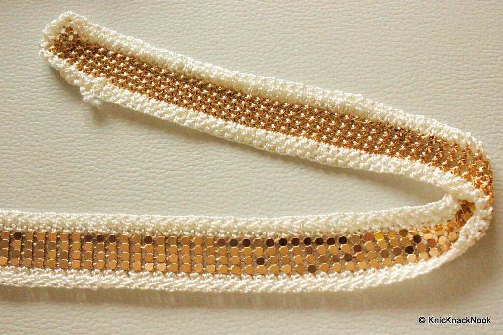 Copper Metal With Cream Crochet 25mm Wide Lace Trim, Decorative Trim, Crafting Ribbon
