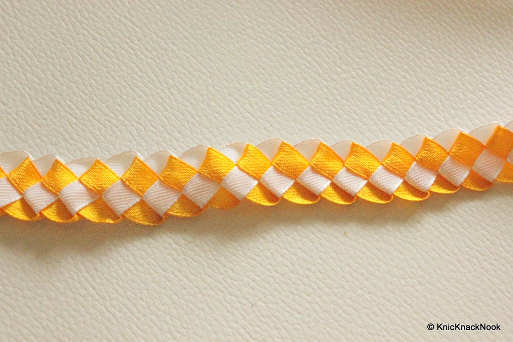 Yellow And White Woven Satin Ribbon Trim, 18mm wide, One Yard