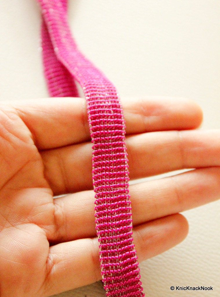 Fuchsia Pink And Silver Thread Hollow Lace Trim, 14mm wide