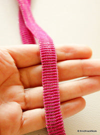 Thumbnail for Fuchsia Pink And Silver Thread Hollow Lace Trim, 14mm wide