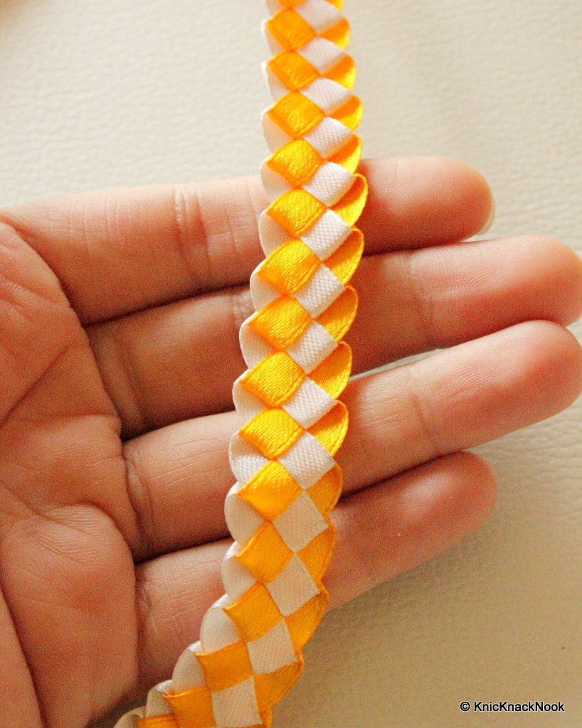 Yellow And White Woven Satin Ribbon Trim, 18mm wide, One Yard