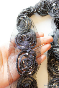 Thumbnail for Black Rose With Shimmer Net And Silver Sequins One Yard Lace Trim 65mm Wide, Decorative Trim, Black Lace