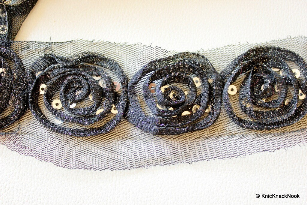 Black Rose With Shimmer Net And Silver Sequins One Yard Lace Trim 65mm Wide, Decorative Trim, Black Lace