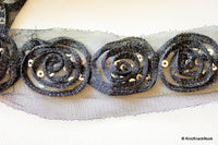 Thumbnail for Black Rose With Shimmer Net And Silver Sequins One Yard Lace Trim 65mm Wide, Decorative Trim, Black Lace