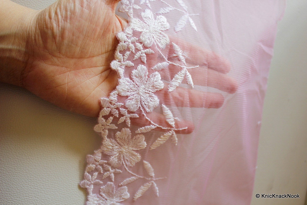 Pink Net Lace With White Flowers Embroidery Approx. 20cm wide - 030315L110