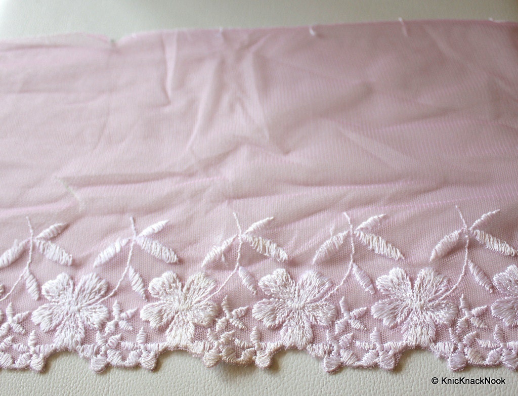 Pink Net Lace With White Flowers Embroidery Approx. 20cm wide - 030315L110