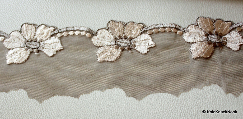 Grey Net Lace With Flowers Embroidery Approx. 70mm wide