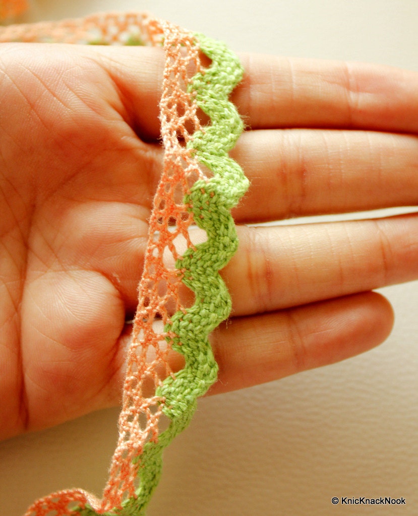 Peach And Green Embroidery Crochet (Cotton) One Yard Lace Trims Approx. 18mm Wide