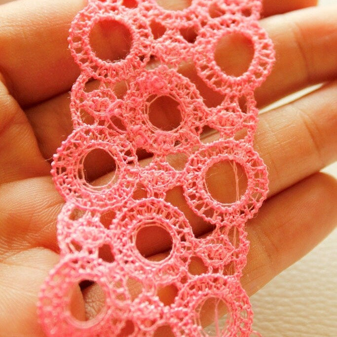 Pink Embroidery Cotton Circle Ring Design Lace Trims 38mm Wide