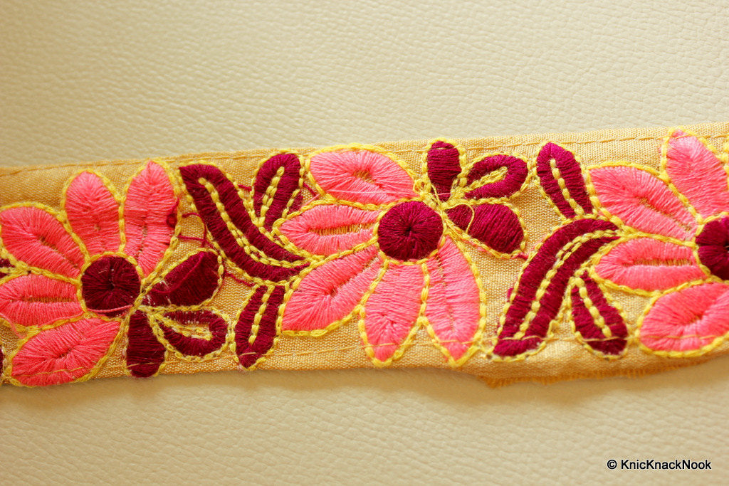 Pink And Mauve Flower Embroidery Beige Fabric Trim