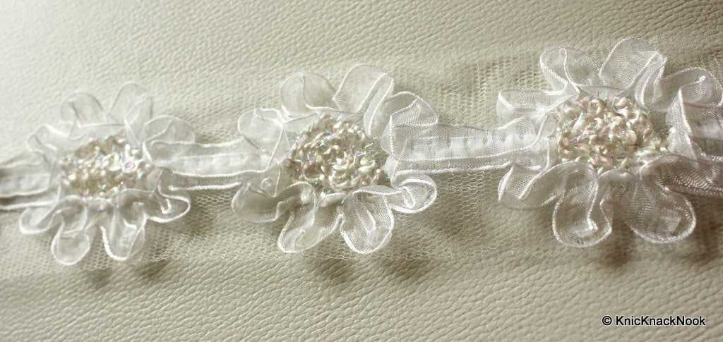 White Tissue Fabric Flower Lace Trim Border, Approx. 50mm wide