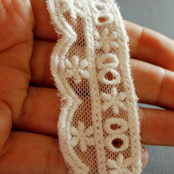 White Net Lace Trim With Beautiful Floral Embroidery, Approx. 34 mm wide