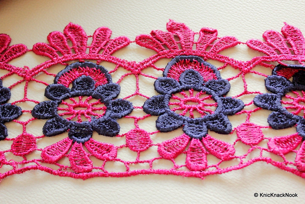 Fuchsia Pink And Blue Embroidery Crochet (Cotton) One Yard Lace Trims Approx. 85mm Wide