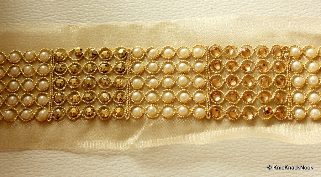 Copper Crystal And White Pearl Beads Gold Lace Trim, Approx. 60mm Wide