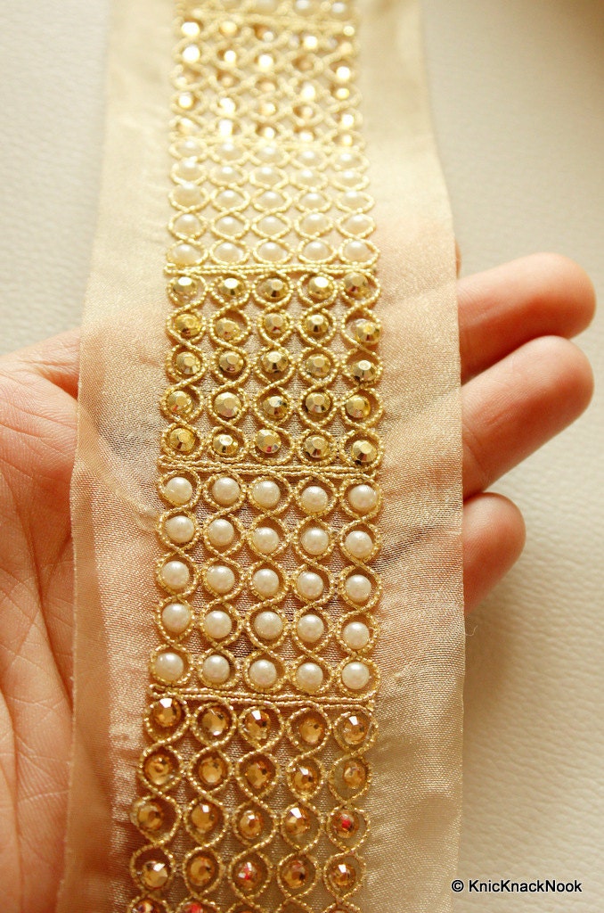 Copper Crystal And White Pearl Beads Gold Lace Trim, Approx. 60mm Wide
