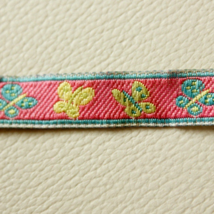 Pink Ribbon Trim With Yellow And Green Butterfly, One Yard Lace, Approx. 12mm Wide