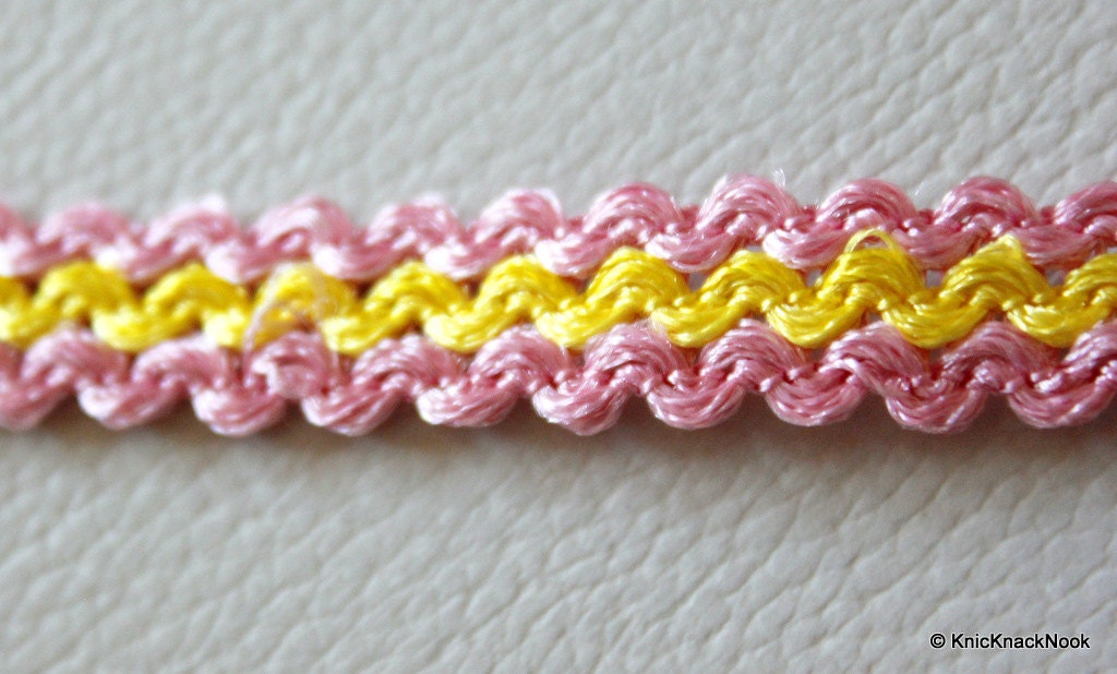 Pink And Yellow Thread Lace Trim, 10mm wide