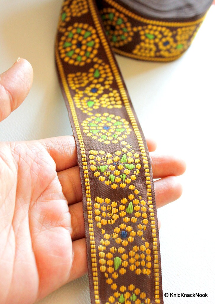 Wholesale Brown Cotton Lace Trim With Green and Yellow Floral Embroidery, Approx. 40mm Wide Trim By 9 Yards, Bandhani Trim