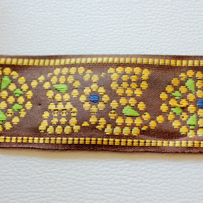 Wholesale Brown Cotton Lace Trim With Green and Yellow Floral Embroidery, Approx. 40mm Wide Trim By 9 Yards, Bandhani Trim
