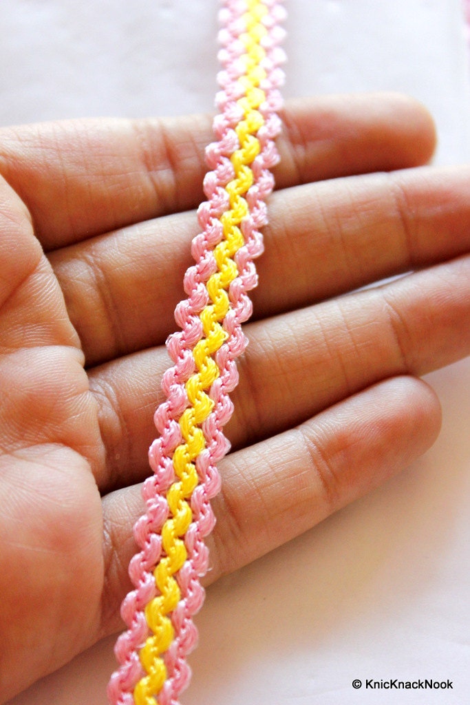 Pink And Yellow Thread Lace Trim, 10mm wide