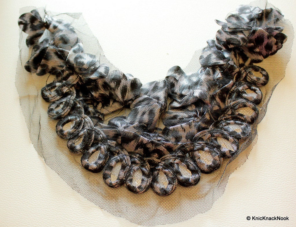 White, Grey And Black Leopard Print Satin Fabric With Beads Neck Collar Trim