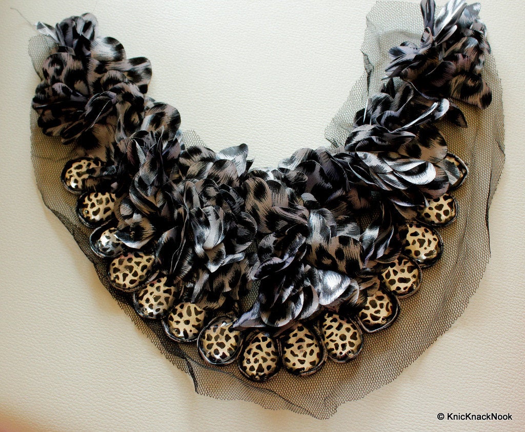 White, Grey And Black Leopard Print Satin Fabric With Beads Neck Collar Trim